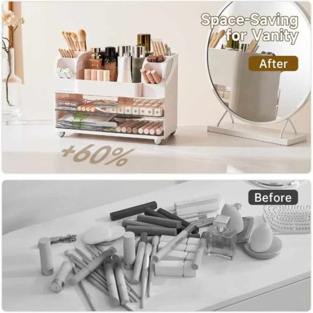 New Makeup Organizer with 2 Drawers, Vanity Storage for Skincare, Brushes & More
